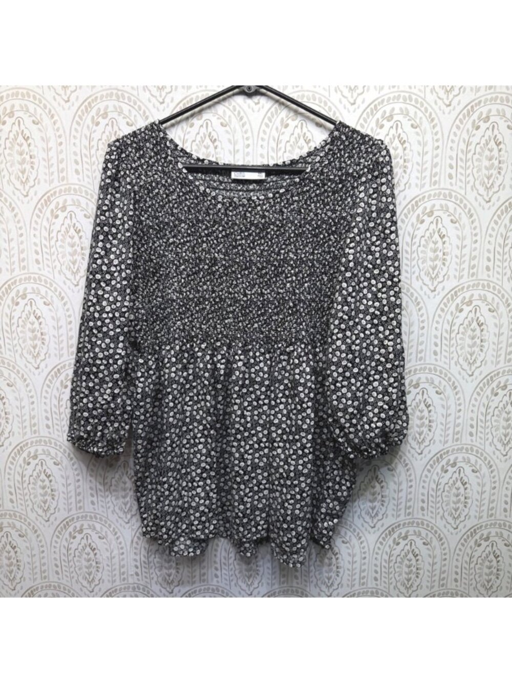 Womens XXL Black‎ White Floral Smocked 3/4 Sleeve Blouse Top